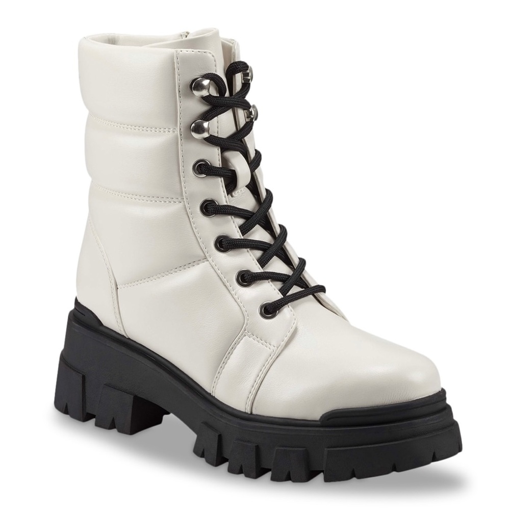 Marc Fisher Amita Black and White Faux Leather Lug Sole Chunky Combat Boots